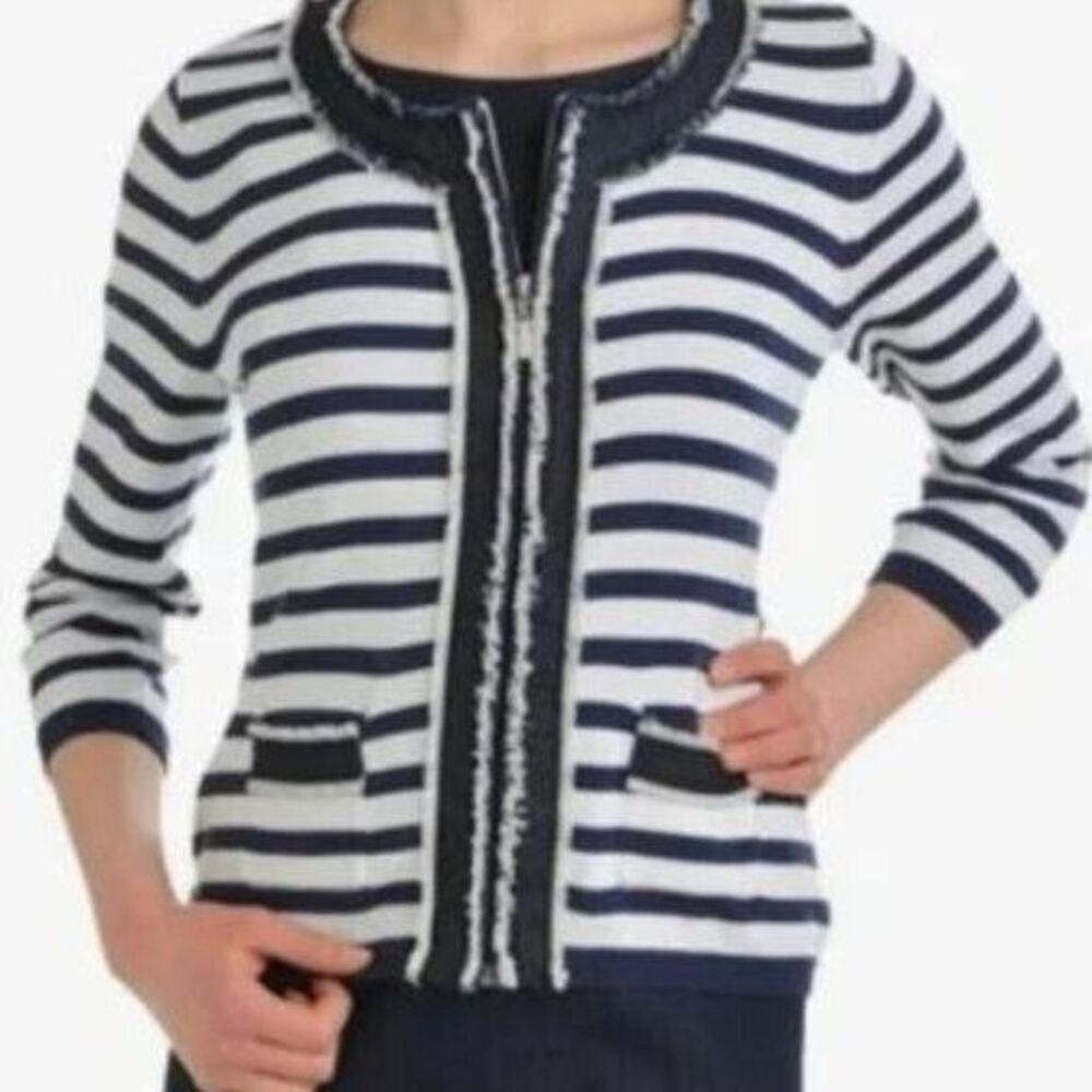 Peter Nygard Womens XL Navy White Striped Zip Cardigan Cotton Blend Pockets